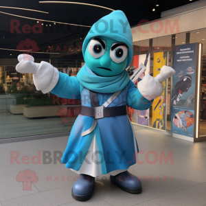 Cyan Knife Thrower mascot costume character dressed with a Coat and Bracelets