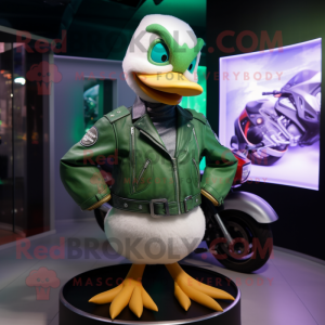 Green Swan mascot costume character dressed with a Moto Jacket and Beanies
