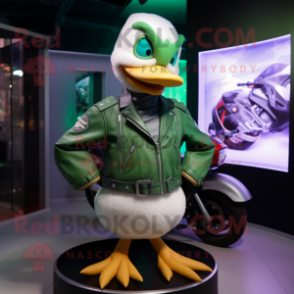 Green Swan mascot costume character dressed with a Moto Jacket and Beanies