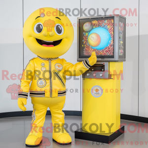 Maskotfigur af en citrongul...