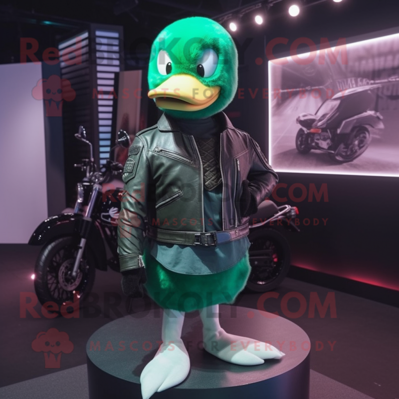 Green Swan mascot costume character dressed with a Moto Jacket and Beanies