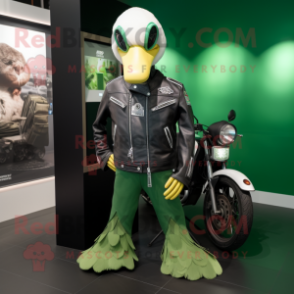 Green Swan mascot costume character dressed with a Moto Jacket and Beanies