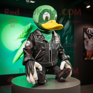 Green Swan mascot costume character dressed with a Moto Jacket and Beanies