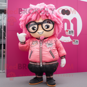 Pink Ramen mascot costume character dressed with a Bomber Jacket and Eyeglasses