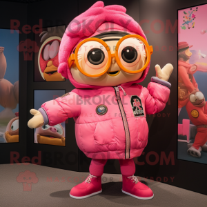 Pink Ramen mascot costume character dressed with a Bomber Jacket and Eyeglasses