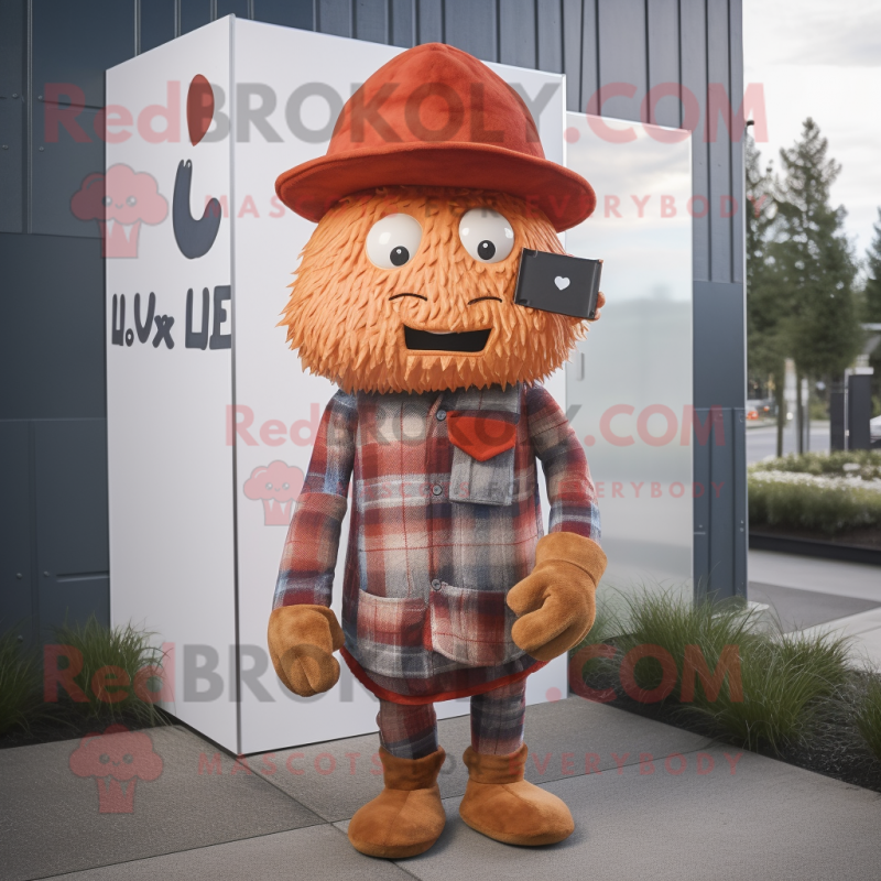 Rust Love Letter mascot costume character dressed with a Flannel Shirt and Caps Rust Love Letter mascot costume character dressed with a Flannel Shirt and Caps