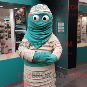 Maskotfigur af en blågrøn...