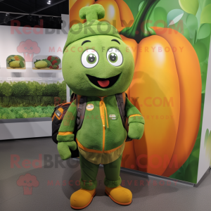 Olive Pumpkin mascot costume character dressed with a Sweater and Backpacks