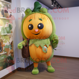 Olive Pumpkin mascot costume character dressed with a Sweater and Backpacks