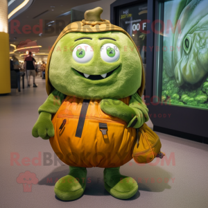 Olive Pumpkin mascot costume character dressed with a Sweater and Backpacks