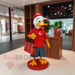 Red Muscovy Duck mascot costume character dressed with a Polo Tee and Handbags