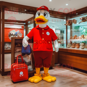 Red Muscovy Duck mascot costume character dressed with a Polo Tee and Handbags