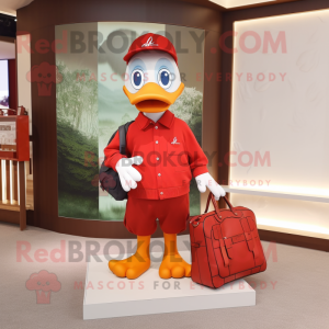 Red Muscovy Duck mascot costume character dressed with a Polo Tee and Handbags