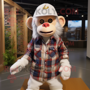 White Monkey mascot costume character dressed with a Flannel Shirt and Caps