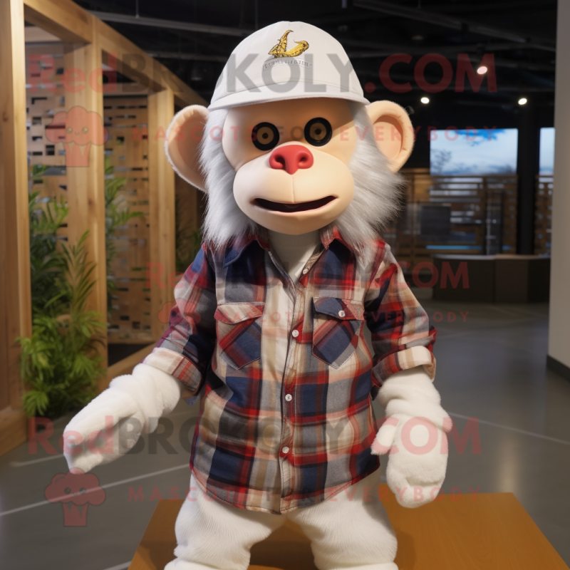 White Monkey mascot costume character dressed with a Flannel Shirt and Caps White Monkey mascot costume character dressed with a Flannel Shirt and Caps