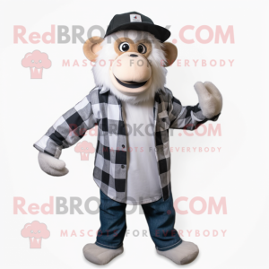 White Monkey mascot costume character dressed with a Flannel Shirt and Caps