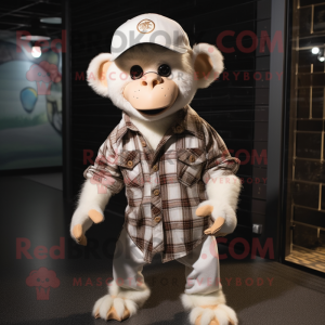 White Monkey mascot costume character dressed with a Flannel Shirt and Caps