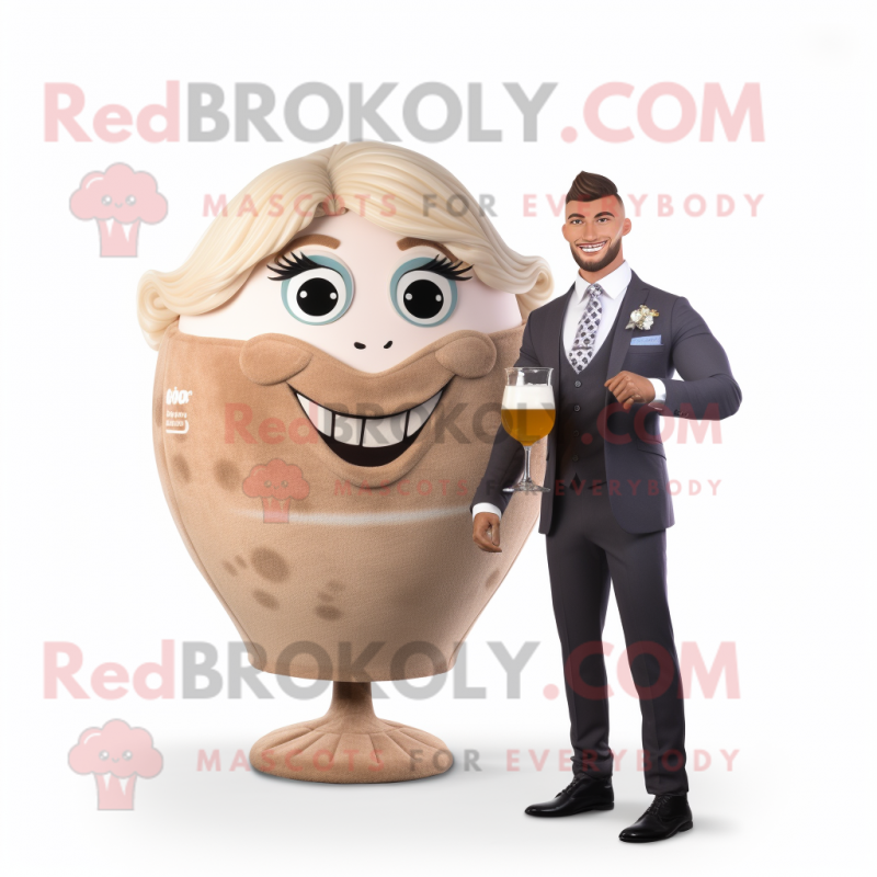 Tan Rugby Ball mascot costume character dressed with a Cocktail Dress and Watches Tan Rugby Ball mascot costume character dressed with a Cocktail Dress and Watches