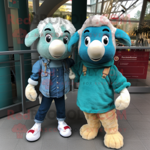 Teal Ram mascot costume character dressed with a Boyfriend Jeans and Shawls