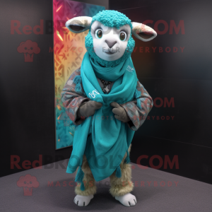 Teal Ram mascot costume character dressed with a Boyfriend Jeans and Shawls