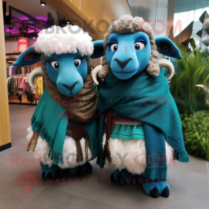 Teal Ram mascot costume character dressed with a Boyfriend Jeans and Shawls
