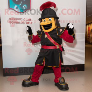 Black Swiss Guard mascot costume character dressed with a Bermuda Shorts and Shoe clips