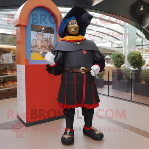 Black Swiss Guard mascot costume character dressed with a Bermuda Shorts and Shoe clips