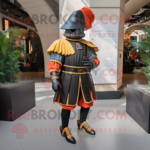 Black Swiss Guard mascot costume character dressed with a Bermuda Shorts and Shoe clips