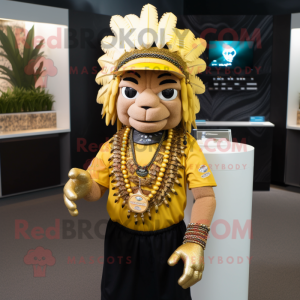 Gold Chief mascot costume character dressed with a Polo Shirt and Bracelets