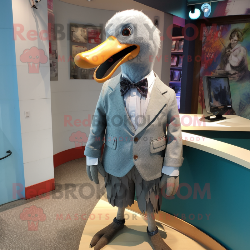 Gray Geese mascot costume character dressed with a Bermuda Shorts and Tie pins