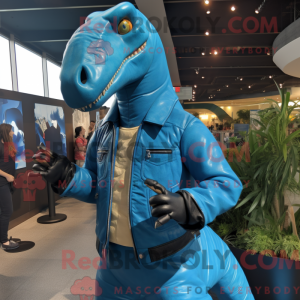 Maskotfigur af en cyan...