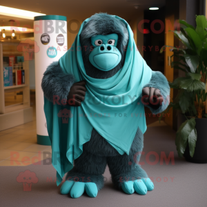 Teal Gorilla mascot costume character dressed with a V-Neck Tee and Shawls