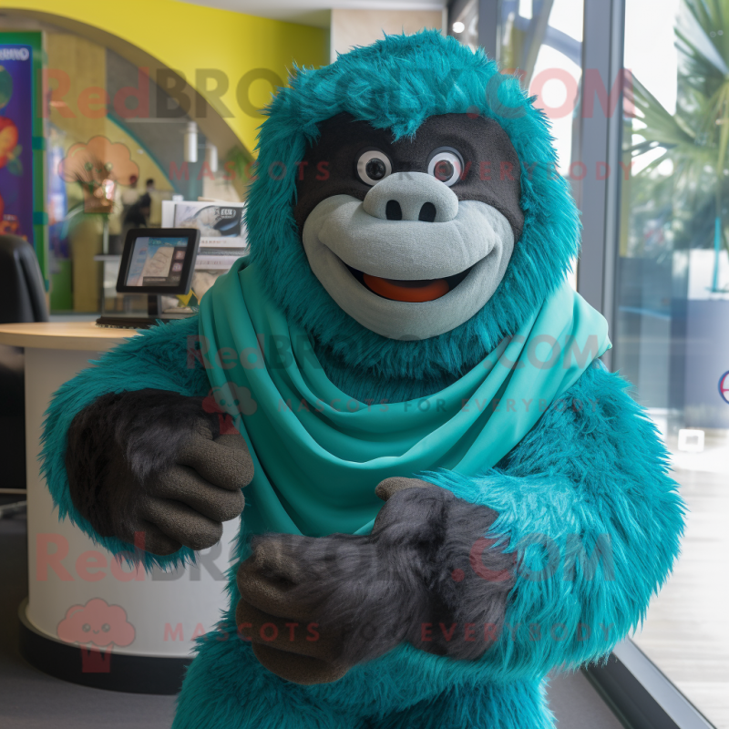 Teal Gorilla mascot costume character dressed with a V-Neck Tee and Shawls