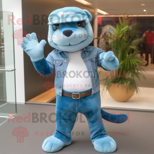 Sky Blue Otter mascot costume character dressed with a Bootcut Jeans and Headbands