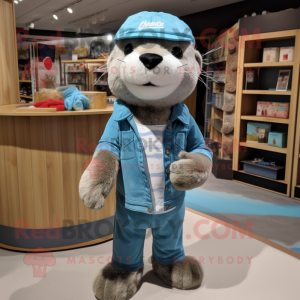 Sky Blue Otter mascot costume character dressed with a Bootcut Jeans and Headbands