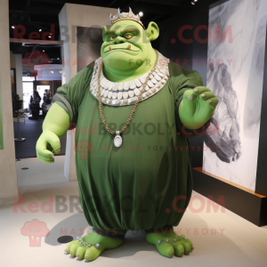 Forest Green Ogre mascot costume character dressed with a Empire Waist Dress and Necklaces