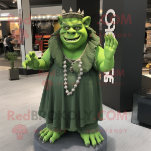 Forest Green Ogre mascot costume character dressed with a Empire Waist Dress and Necklaces