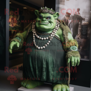 Forest Green Ogre mascot costume character dressed with a Empire Waist Dress and Necklaces