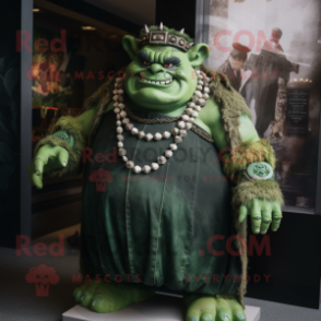 Forest Green Ogre mascot costume character dressed with a Empire Waist Dress and Necklaces