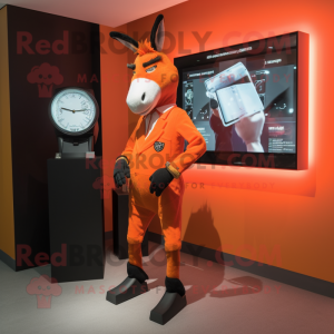 Orange Donkey mascot costume character dressed with a Tuxedo and Digital watches