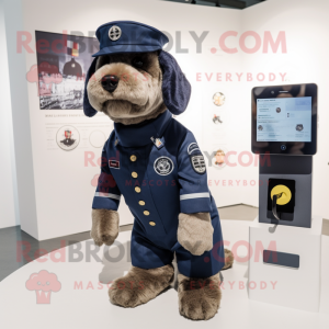 Navy Dog mascot costume character dressed with a Romper and Smartwatches