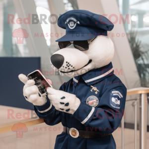 Navy Dog mascot costume character dressed with a Romper and Smartwatches