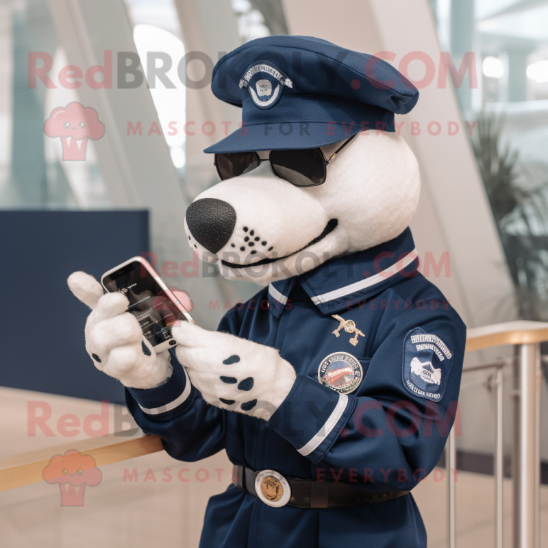 Navy Dog mascot costume character dressed with a Romper and Smartwatches Navy Dog mascot costume character dressed with a Romper and Smartwatches