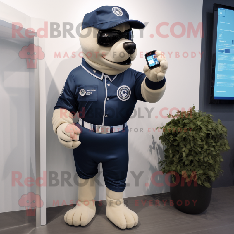 Navy Dog mascot costume character dressed with a Romper and Smartwatches