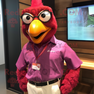 Magenta Tandoori Chicken mascot costume character dressed with a Dress Shirt and Necklaces