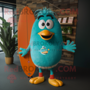 Teal Shakshuka mascot costume character dressed with a Board Shorts and Hair clips