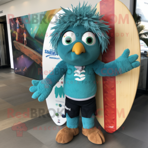 Teal Shakshuka mascot costume character dressed with a Board Shorts and Hair clips