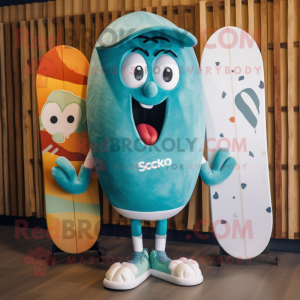 Teal Shakshuka mascot costume character dressed with a Board Shorts and Hair clips