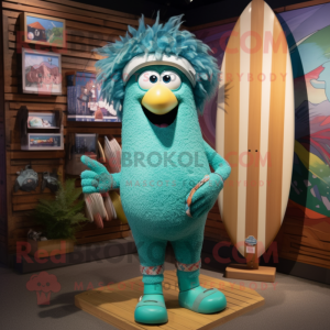Teal Shakshuka mascot costume character dressed with a Board Shorts and Hair clips