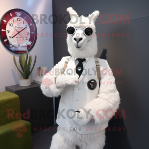 White Llama mascot costume character dressed with a Suit Pants and Watches